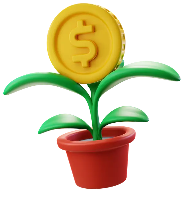 Planta com moeda de dólar representando crescimento